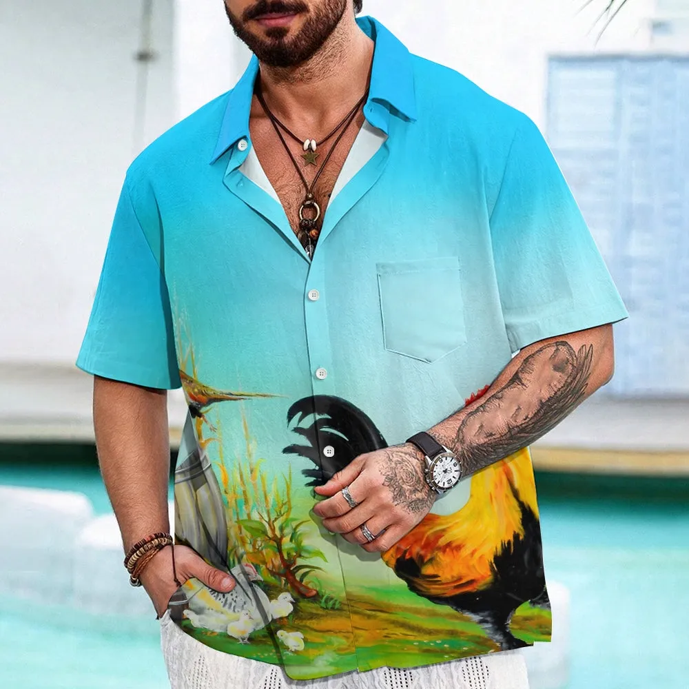 Rooster Printed Casual Oversized Short Sleeve Shirt  2407000588