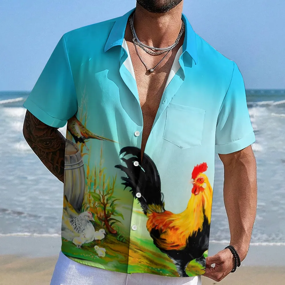 Rooster Printed Casual Oversized Short Sleeve Shirt  2407000588