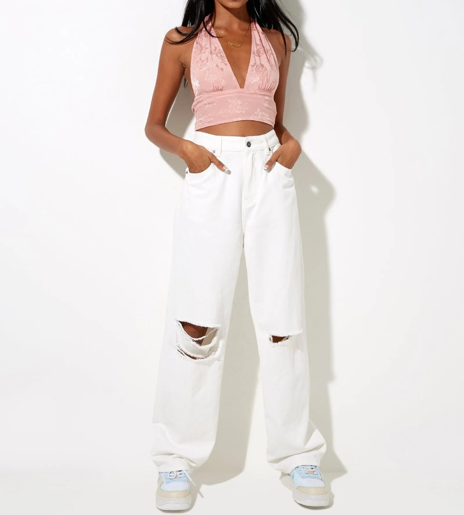 Satin Rose Print Halter Crop Top