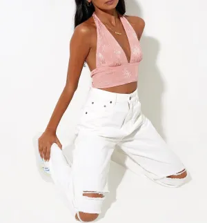 Satin Rose Print Halter Crop Top