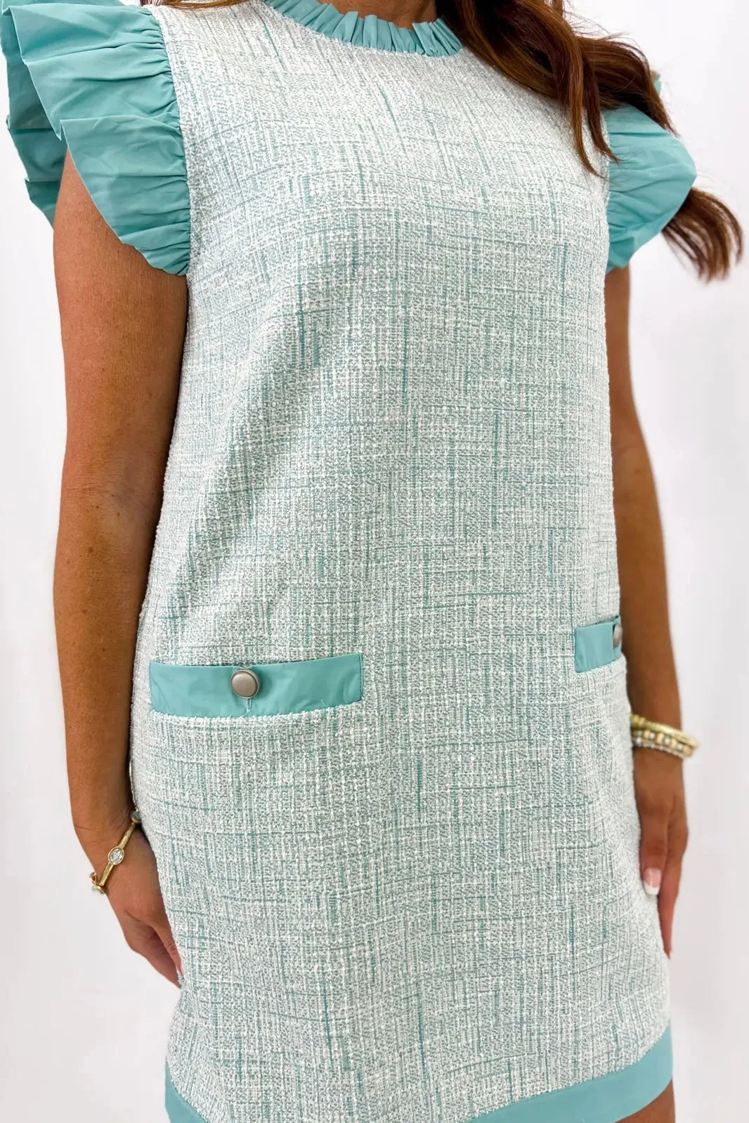 Seafoam Front Pocket Ruffle Sleeve Dress