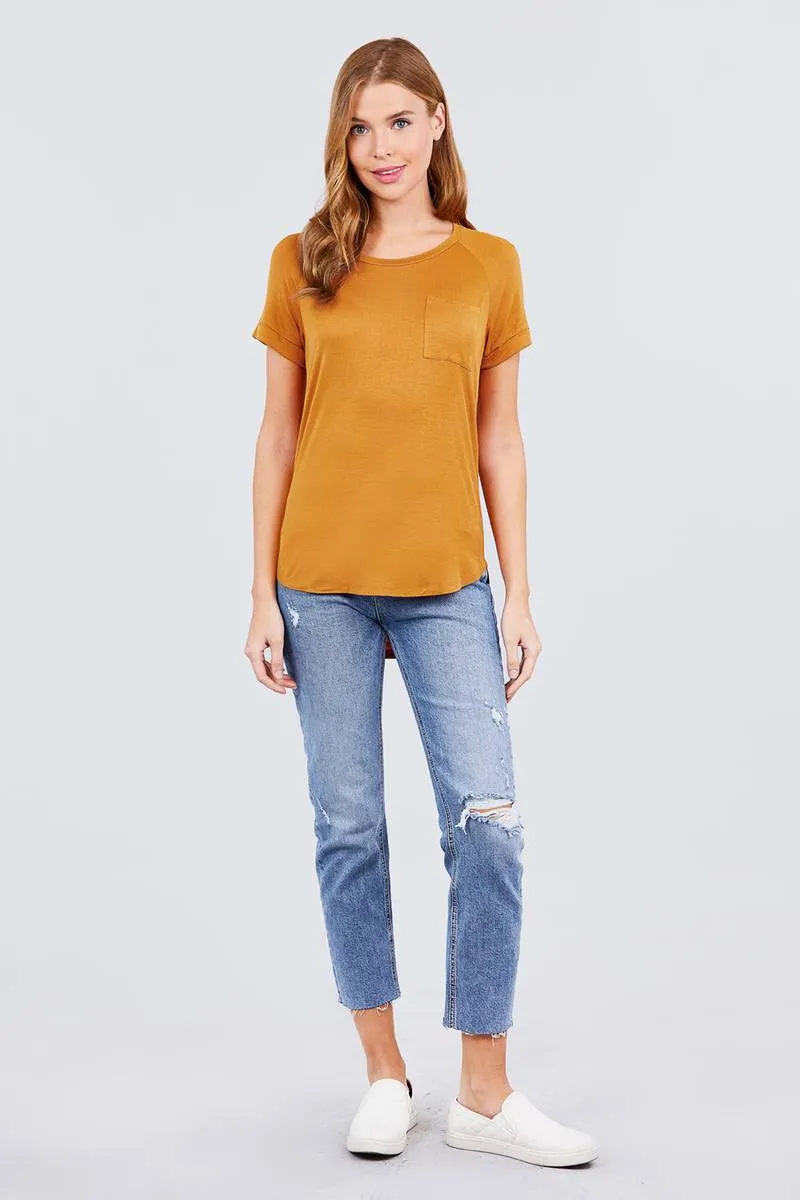 Short Raglan Sleeve Round Neck W/pocket Rayon Spandex Top