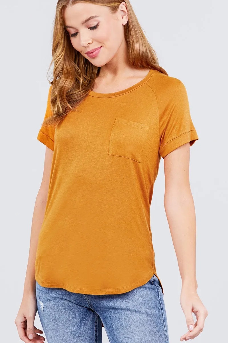 Short Raglan Sleeve Round Neck W/pocket Rayon Spandex Top