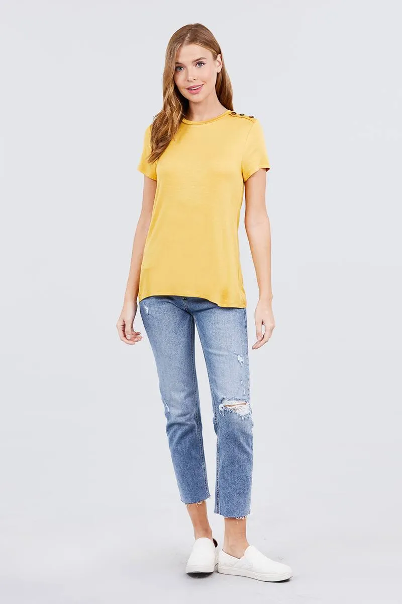 Short Sleeve Crew Neck W/shoulder Button Detail Rayon Spandex Top