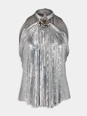 Silver Halter-Neck Top with Flower Detail