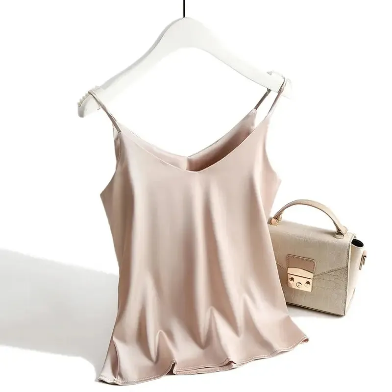 Spaghetti Strap Top Women Halter V Neck Basic White Cami Sleeveless Satin Silk Tank Tops Women'S Summer 2024 Camisole