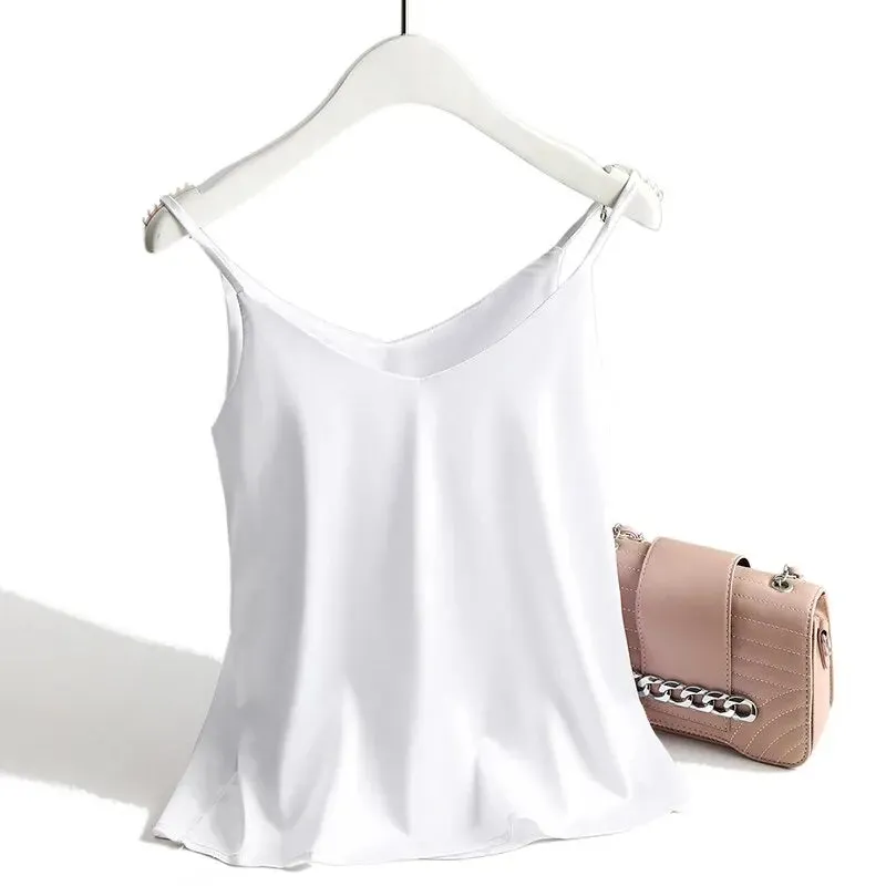 Spaghetti Strap Top Women Halter V Neck Basic White Cami Sleeveless Satin Silk Tank Tops Women'S Summer 2024 Camisole