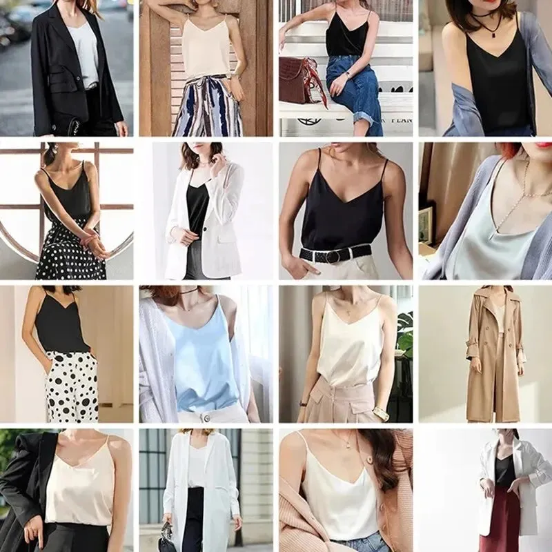 Spaghetti Strap Top Women Halter V Neck Basic White Cami Sleeveless Satin Silk Tank Tops Women'S Summer 2024 Camisole