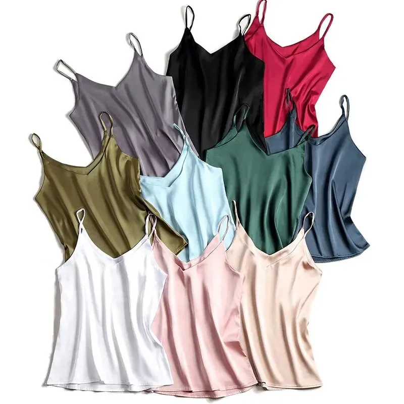 Spaghetti Strap Top Women Halter V Neck Basic White Cami Sleeveless Satin Silk Tank Tops Women'S Summer 2024 Camisole