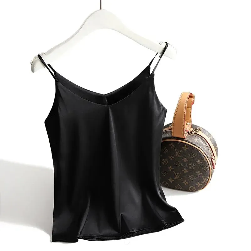 Spaghetti Strap Top Women Halter V Neck Basic White Cami Sleeveless Satin Silk Tank Tops Women'S Summer 2024 Camisole