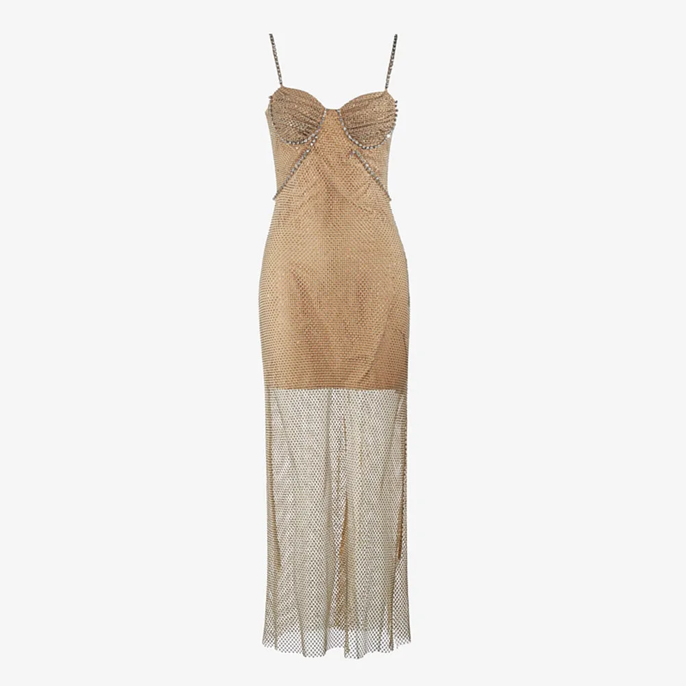 Strappy Sleeveless Rhinestone Maxi Bodycon Dress PZC2410