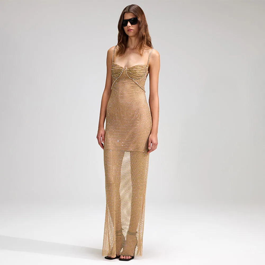 Strappy Sleeveless Rhinestone Maxi Bodycon Dress PZC2410