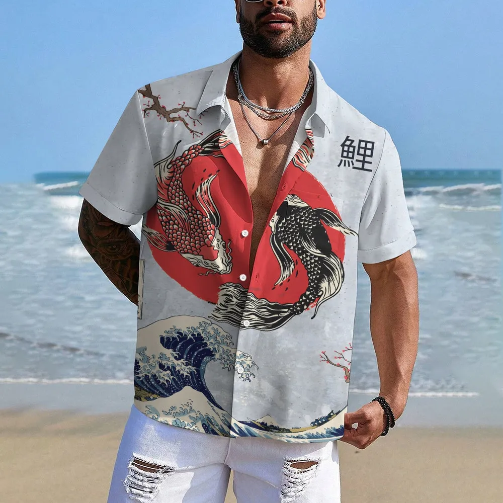 Ukiyo-e Art Fish Casual Large Size Short Sleeve Shirt 2406003314