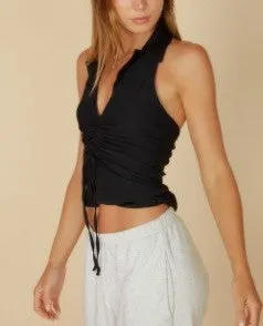 V Neck Collared Halter Ruch Tie Split Crop Top