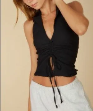 V Neck Collared Halter Ruch Tie Split Crop Top
