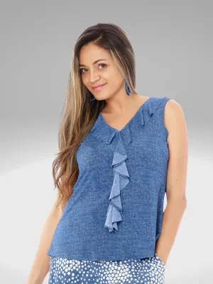 V-Neck Ruffle Front Sleeveless Top/Denim Shade