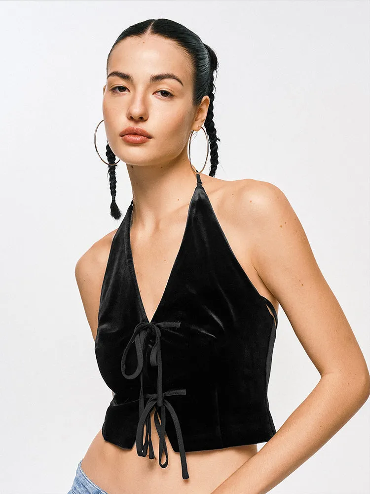 Velvet Lace-Up Halter Top