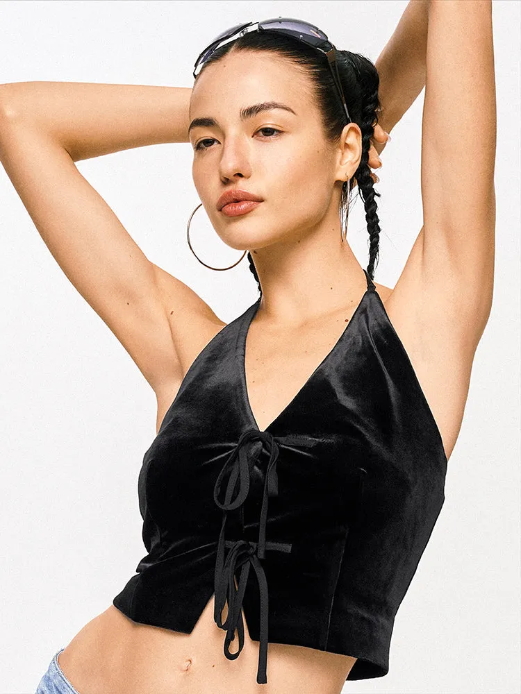 Velvet Lace-Up Halter Top