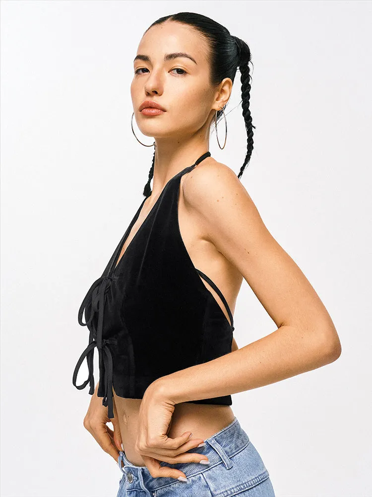 Velvet Lace-Up Halter Top