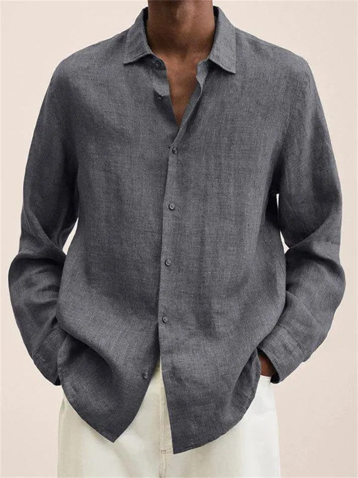 Vintage Long Sleeve Button Up Linen Shirt for Men