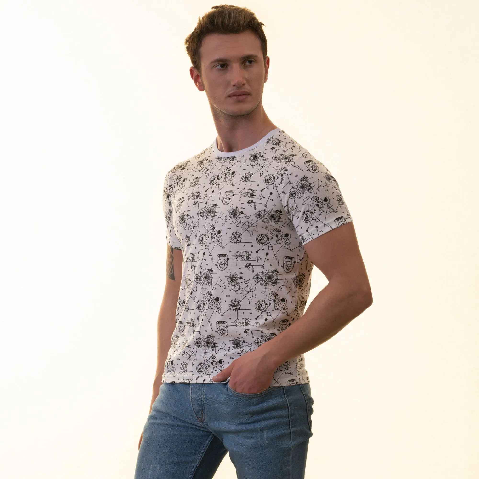 White With Black Printed European Made Premium Quality T-Shirt - Crew Neck Short Sleeve T-Shirts