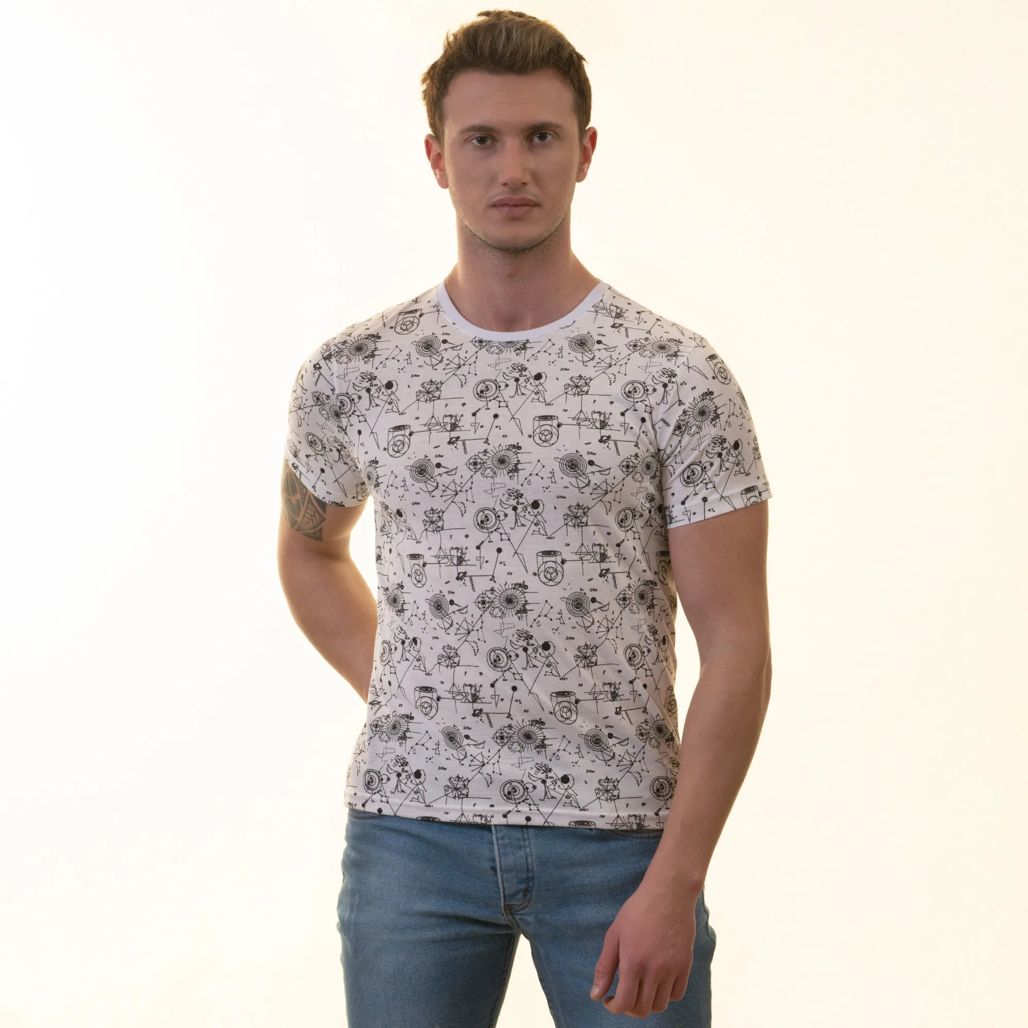 White With Black Printed European Made Premium Quality T-Shirt - Crew Neck Short Sleeve T-Shirts