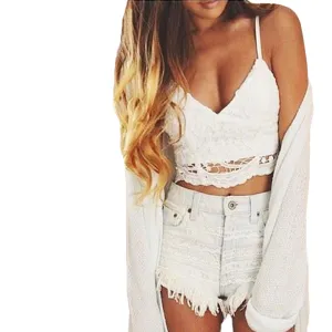 Women Crop Top Halter Crochet Tops Deep V Neck Bralette Vintage Lace Camisole Bandage Backless Top Summer Fashion