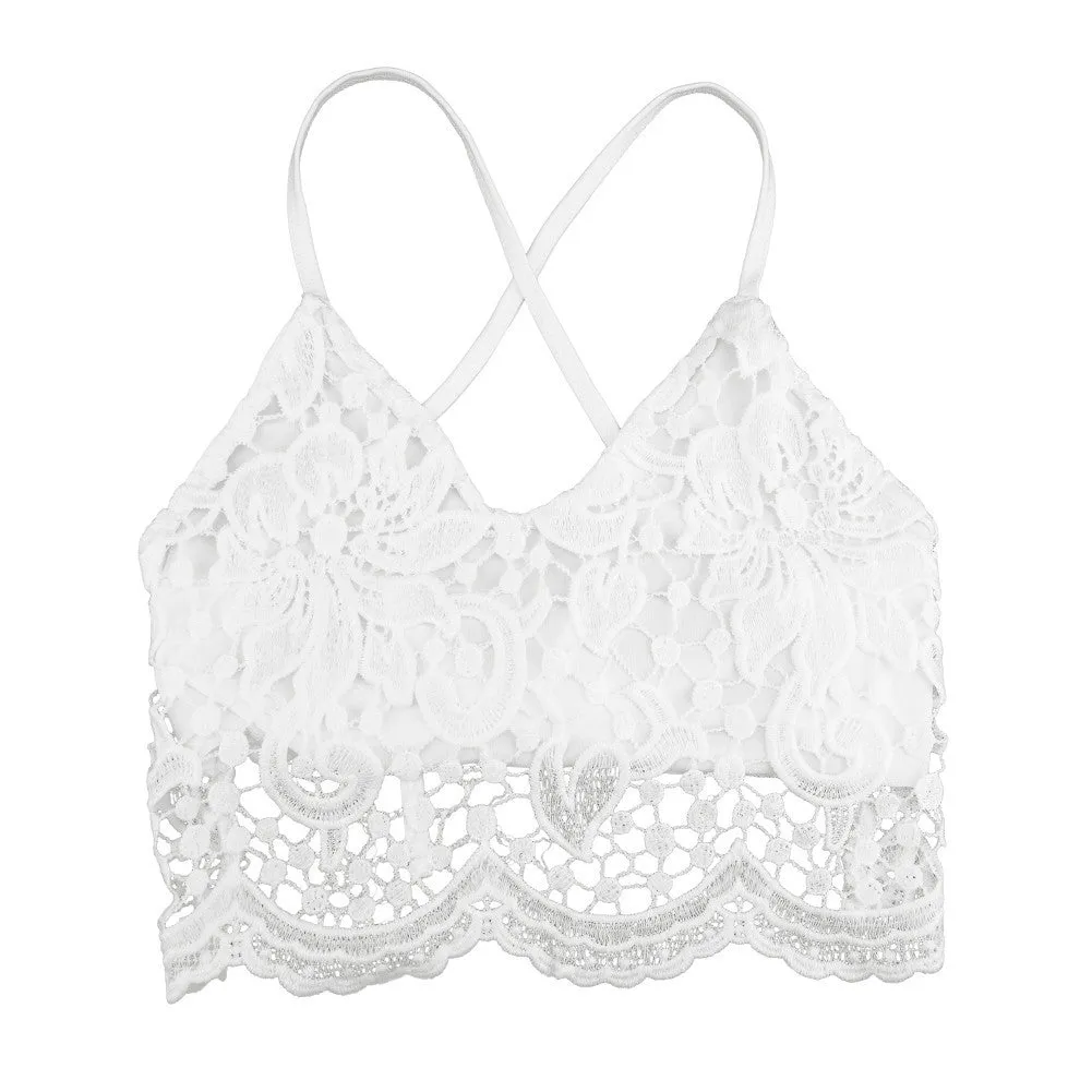 Women Crop Top Halter Crochet Tops Deep V Neck Bralette Vintage Lace Camisole Bandage Backless Top Summer Fashion
