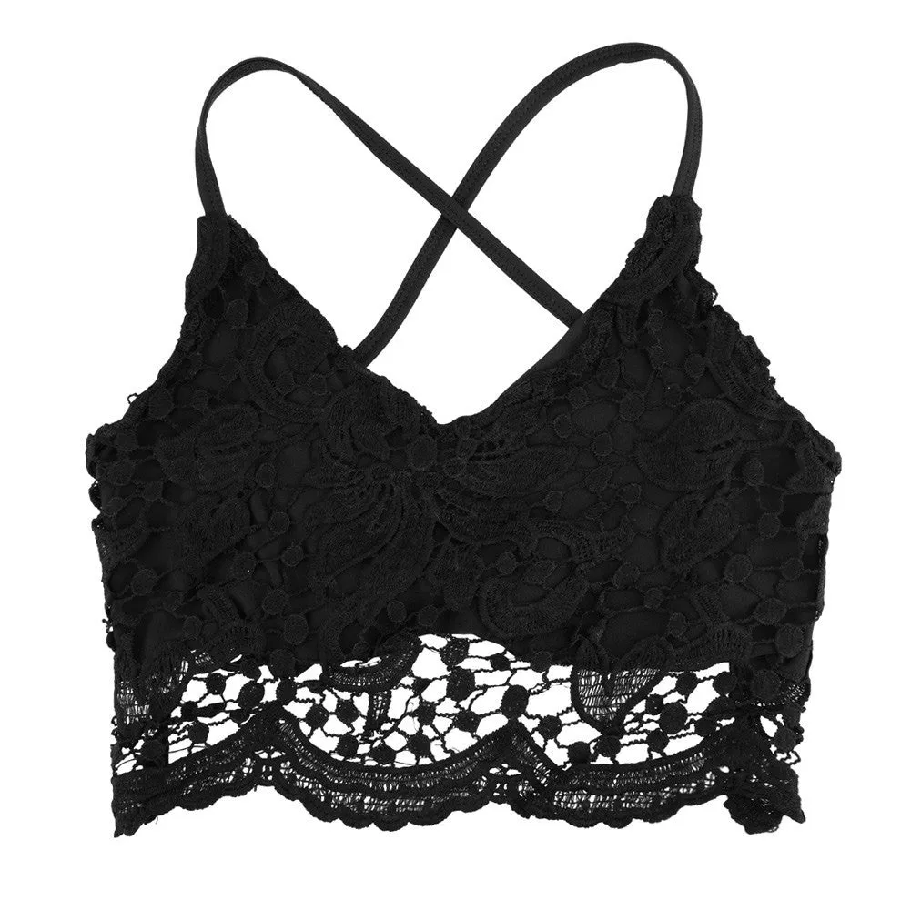 Women Crop Top Halter Crochet Tops Deep V Neck Bralette Vintage Lace Camisole Bandage Backless Top Summer Fashion