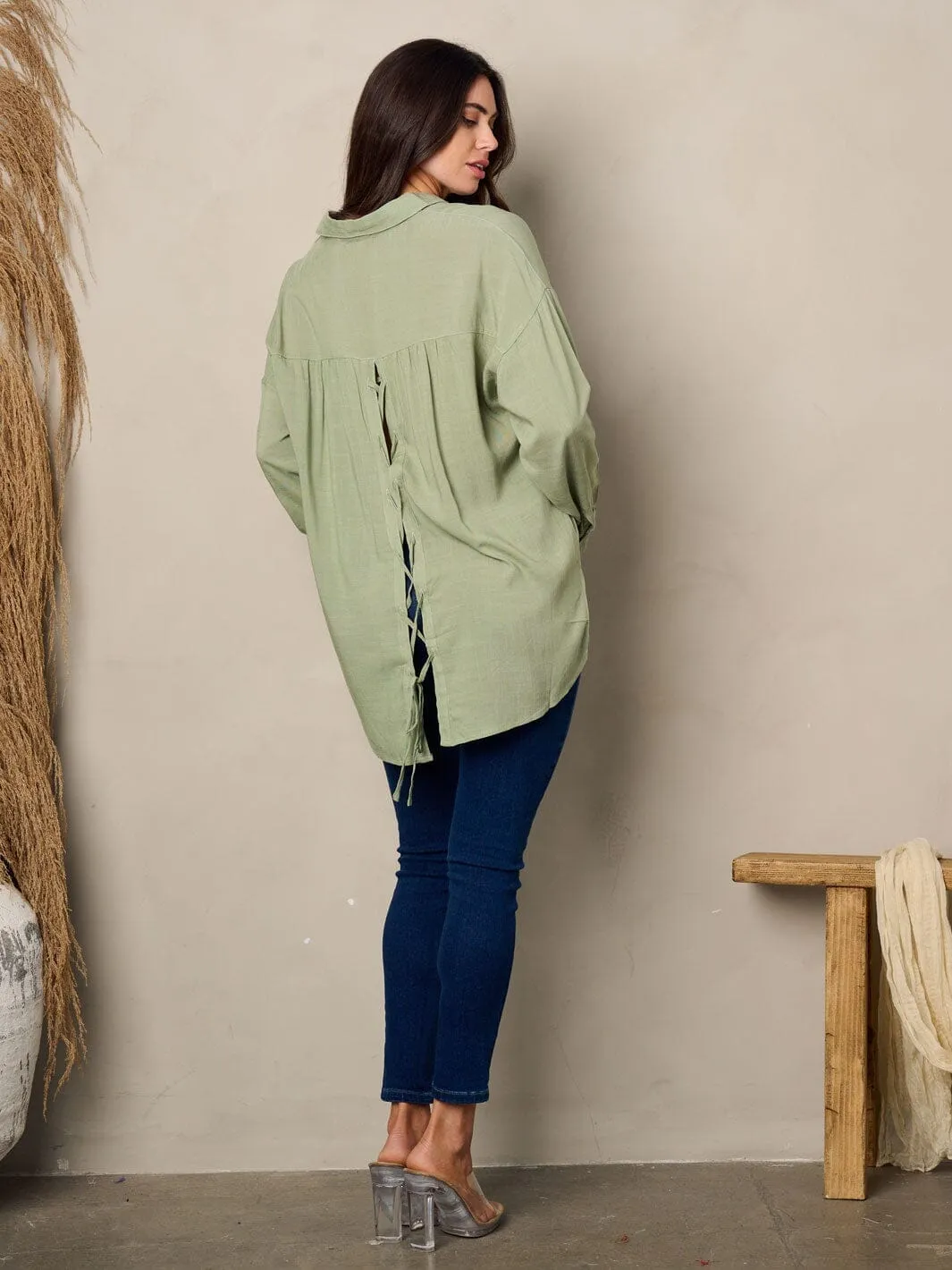 WOMEN'S LONG SLEEVE BUTTON UP BACK LACE UP TOP