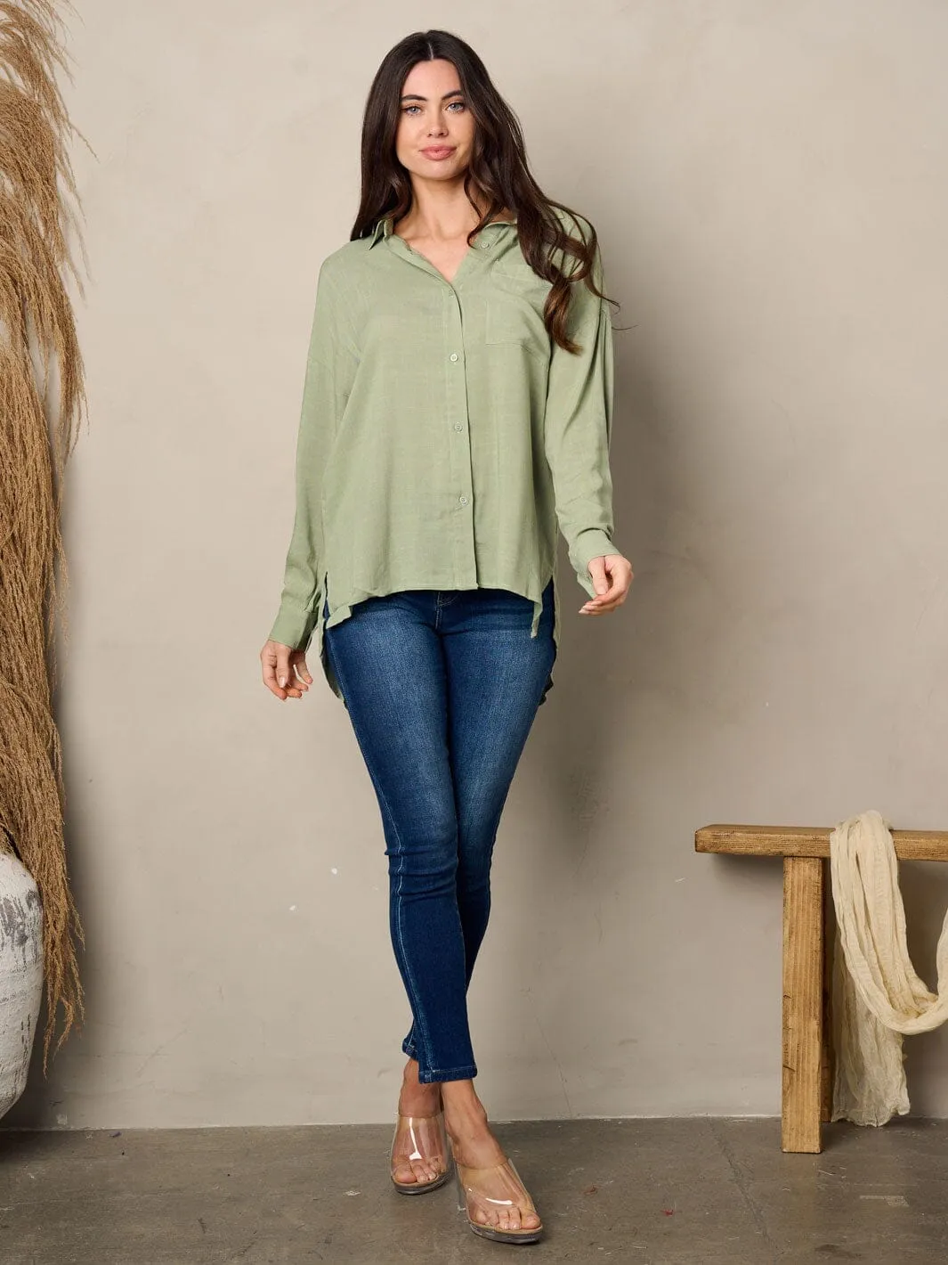 WOMEN'S LONG SLEEVE BUTTON UP BACK LACE UP TOP
