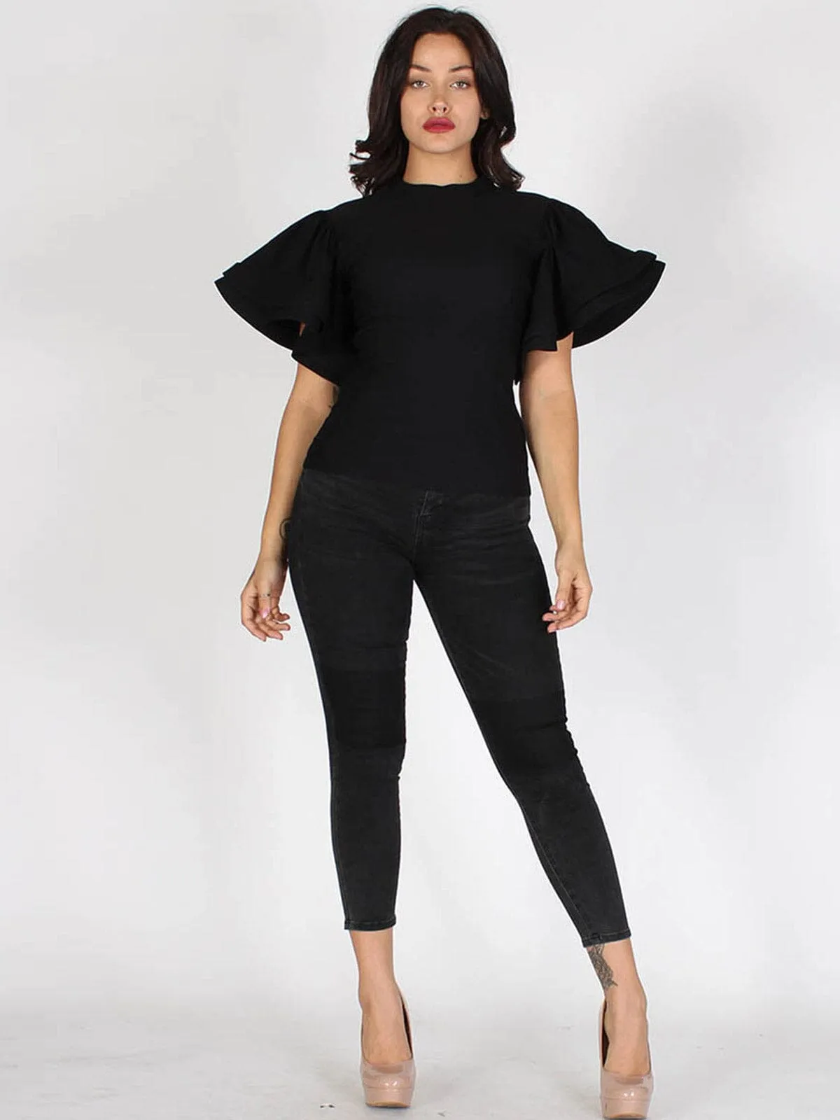 WOMEN'S RUFFLE PUFF SLEEVES DENIM TOP