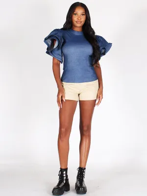 WOMEN'S RUFFLE PUFF SLEEVES DENIM TOP