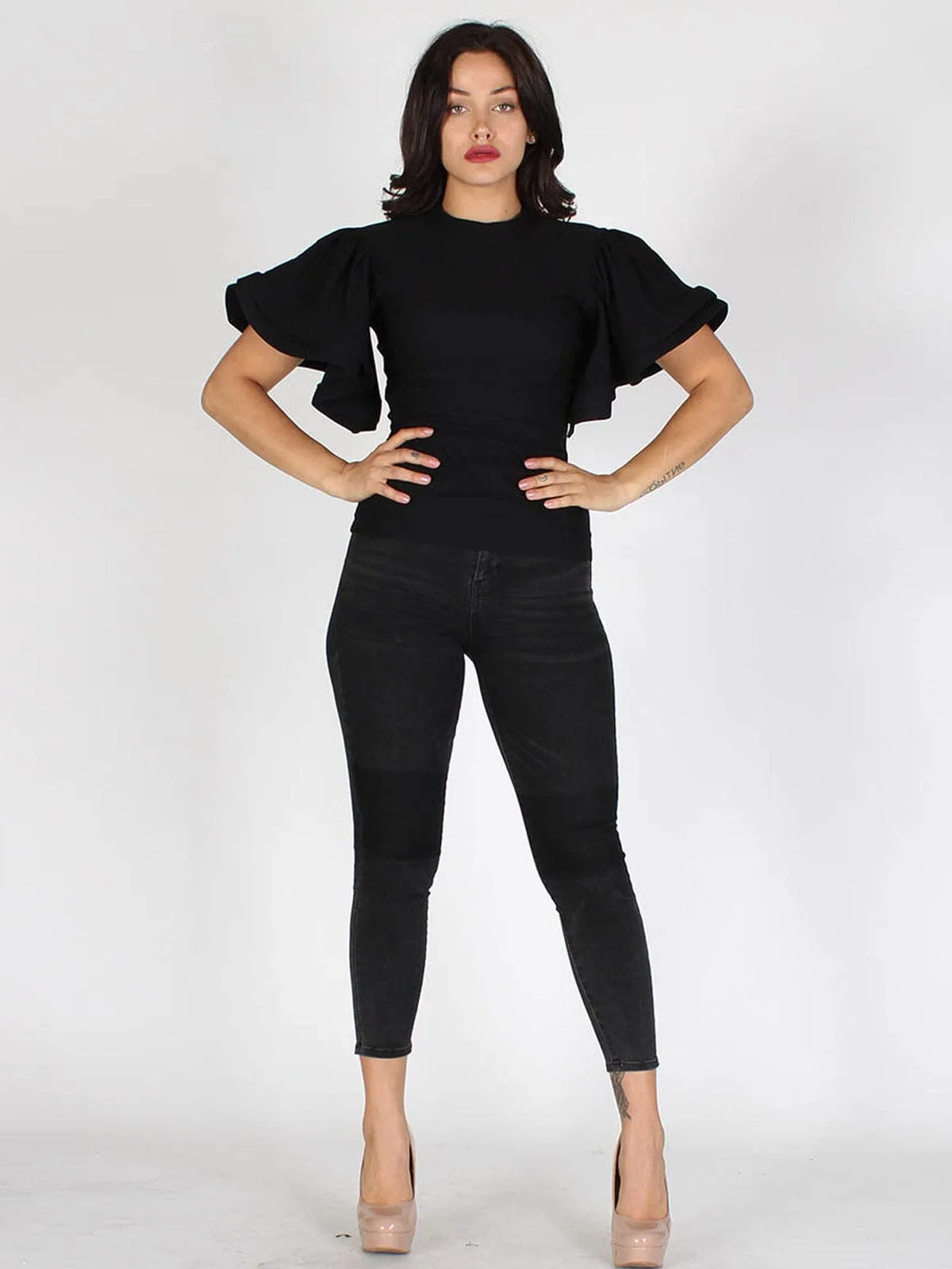 WOMEN'S RUFFLE PUFF SLEEVES DENIM TOP