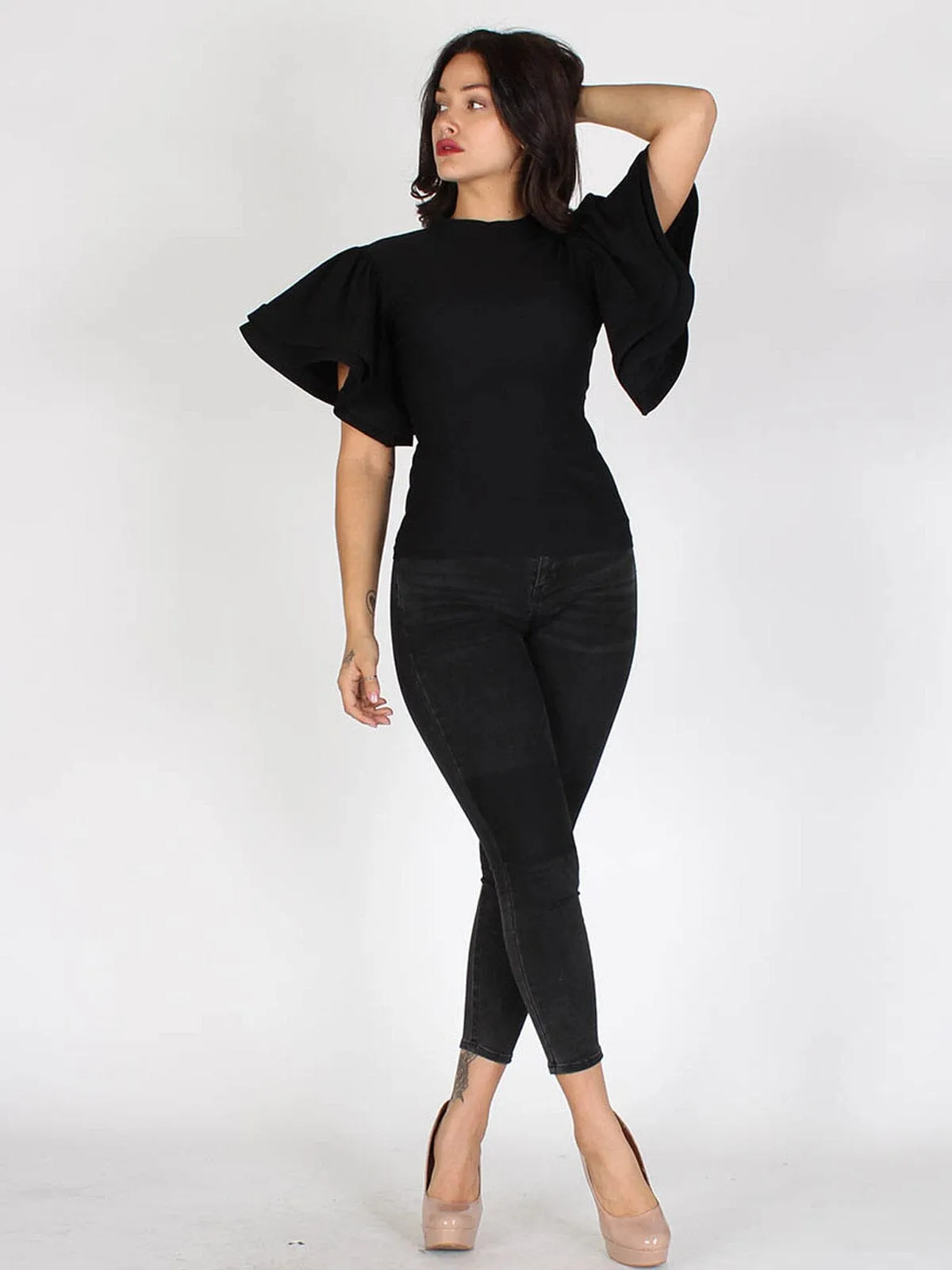 WOMEN'S RUFFLE PUFF SLEEVES DENIM TOP