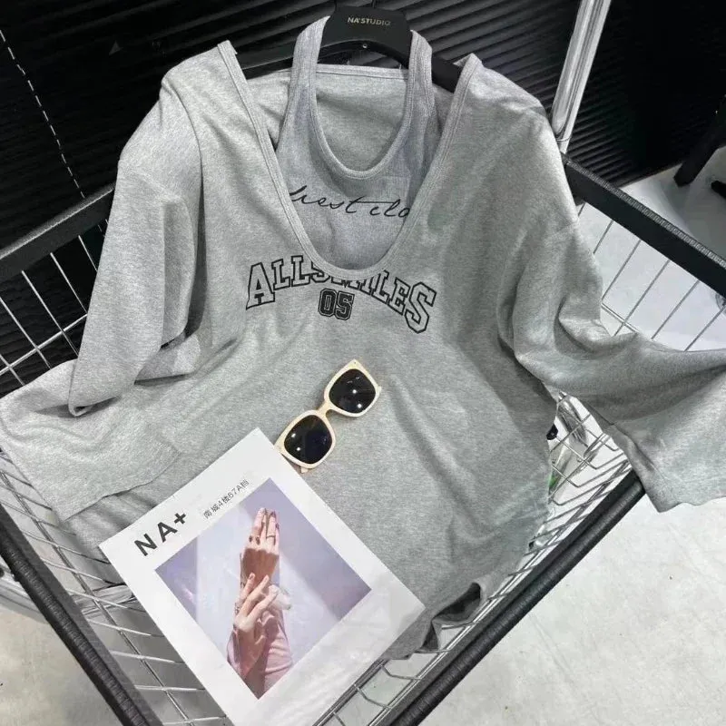 Y2k Baggy Halter Two Piece Sweatshirt Women Letter Print Loose Aesthetic Hoodies Women Retro Fashion Casual Streetwear Tops 2024