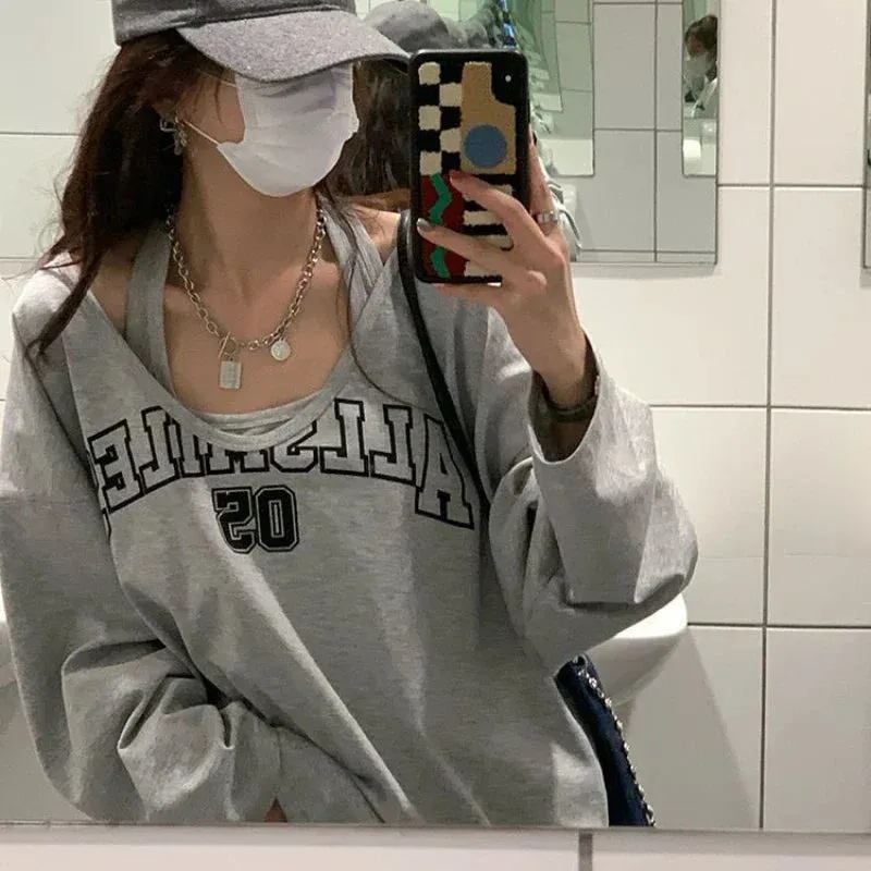 Y2k Baggy Halter Two Piece Sweatshirt Women Letter Print Loose Aesthetic Hoodies Women Retro Fashion Casual Streetwear Tops 2024