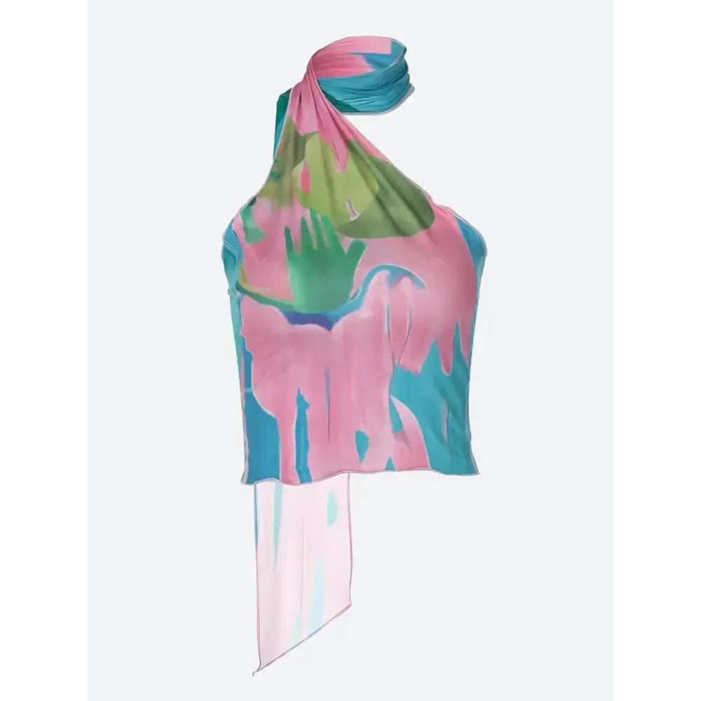 Y2K Full Zip Jacket with Vibrant Abstract Print and Neck-Tie Design