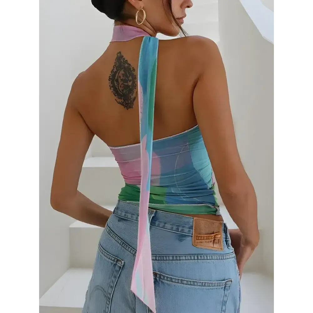 Y2K Full Zip Jacket with Vibrant Abstract Print and Neck-Tie Design