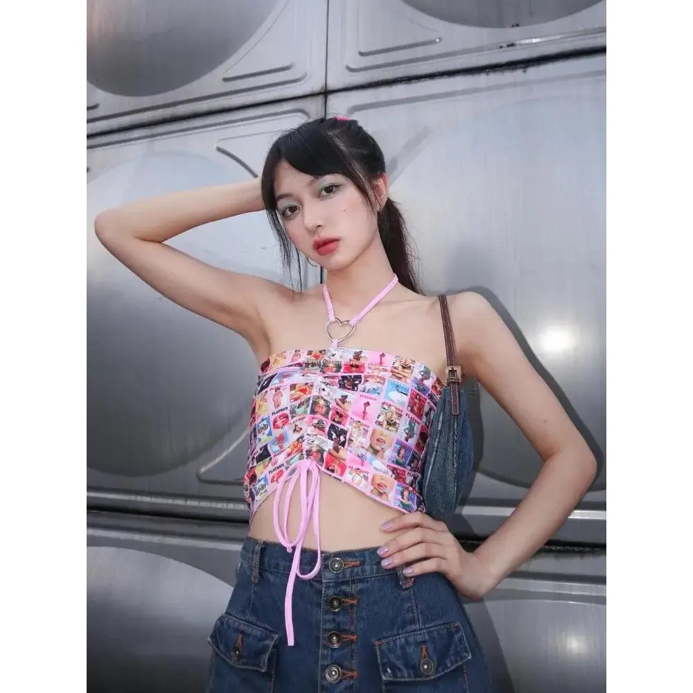 Y2K Magazine Covers Halter Top with Drawstring Detail