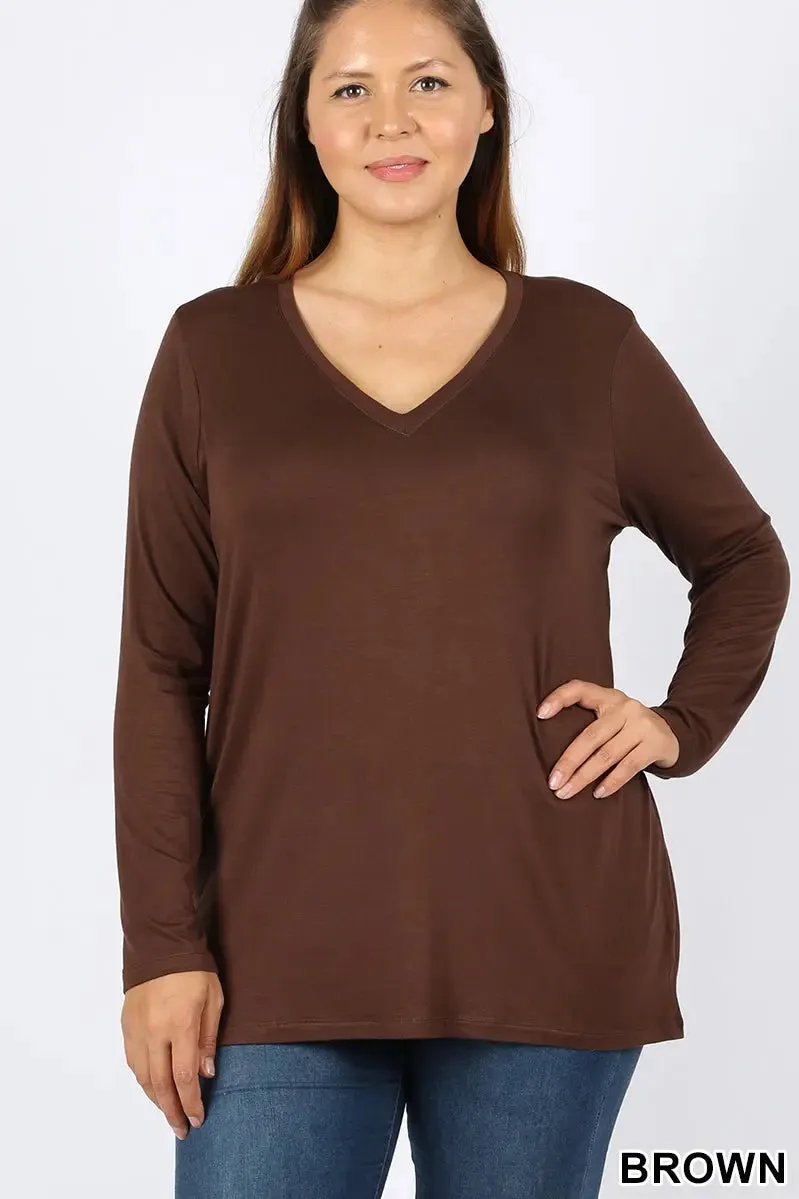 Zenana premium PLUS PREMIUM RAYON LONG SLEEVE V-NECK TEE (GOOD QUALITY MISSY T-SHIRTS) -RELAXED FIT