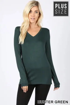 Zenana premium PLUS PREMIUM RAYON LONG SLEEVE V-NECK TEE (GOOD QUALITY MISSY T-SHIRTS) -RELAXED FIT
