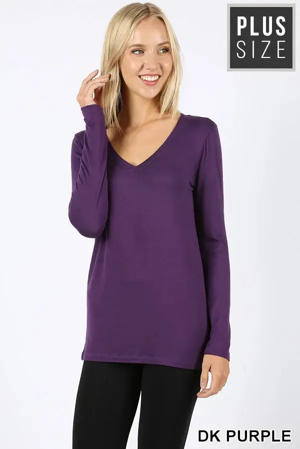Zenana premium PLUS PREMIUM RAYON LONG SLEEVE V-NECK TEE (GOOD QUALITY MISSY T-SHIRTS) -RELAXED FIT